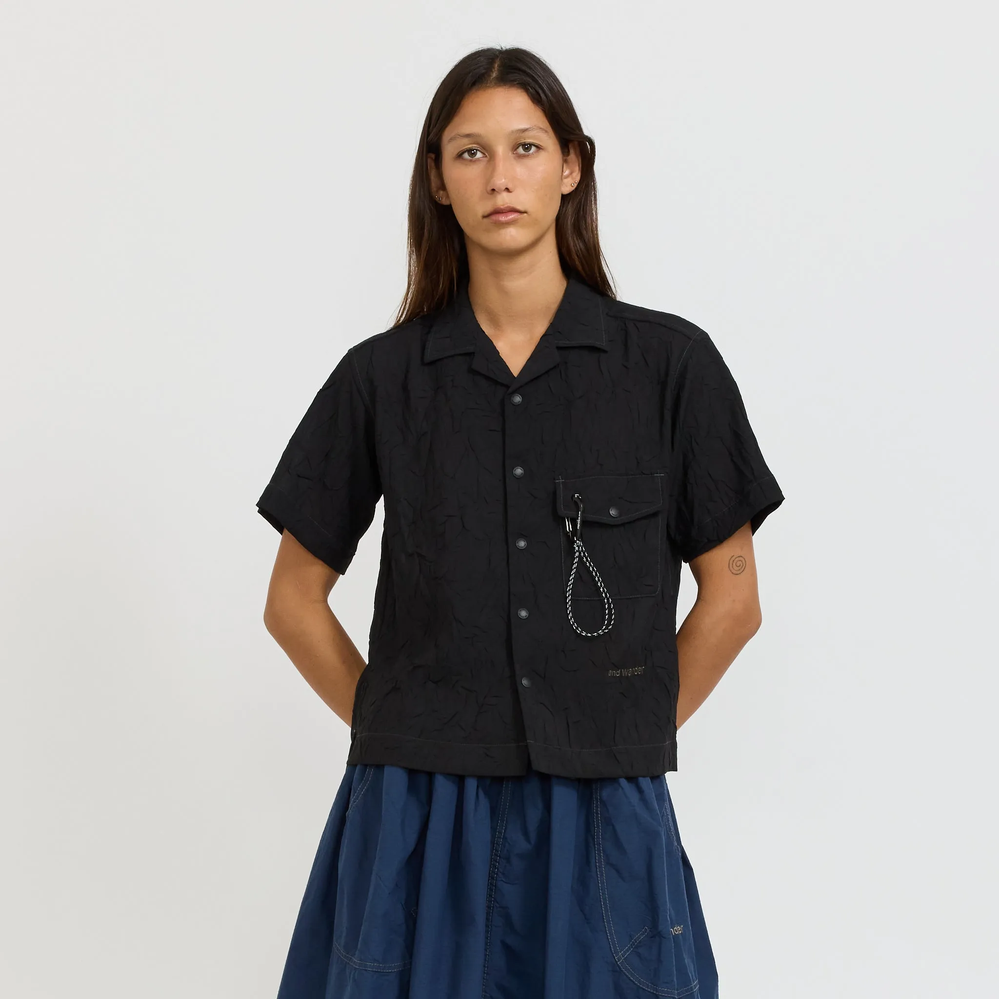 Washer Pleated Open SS Shirt Black