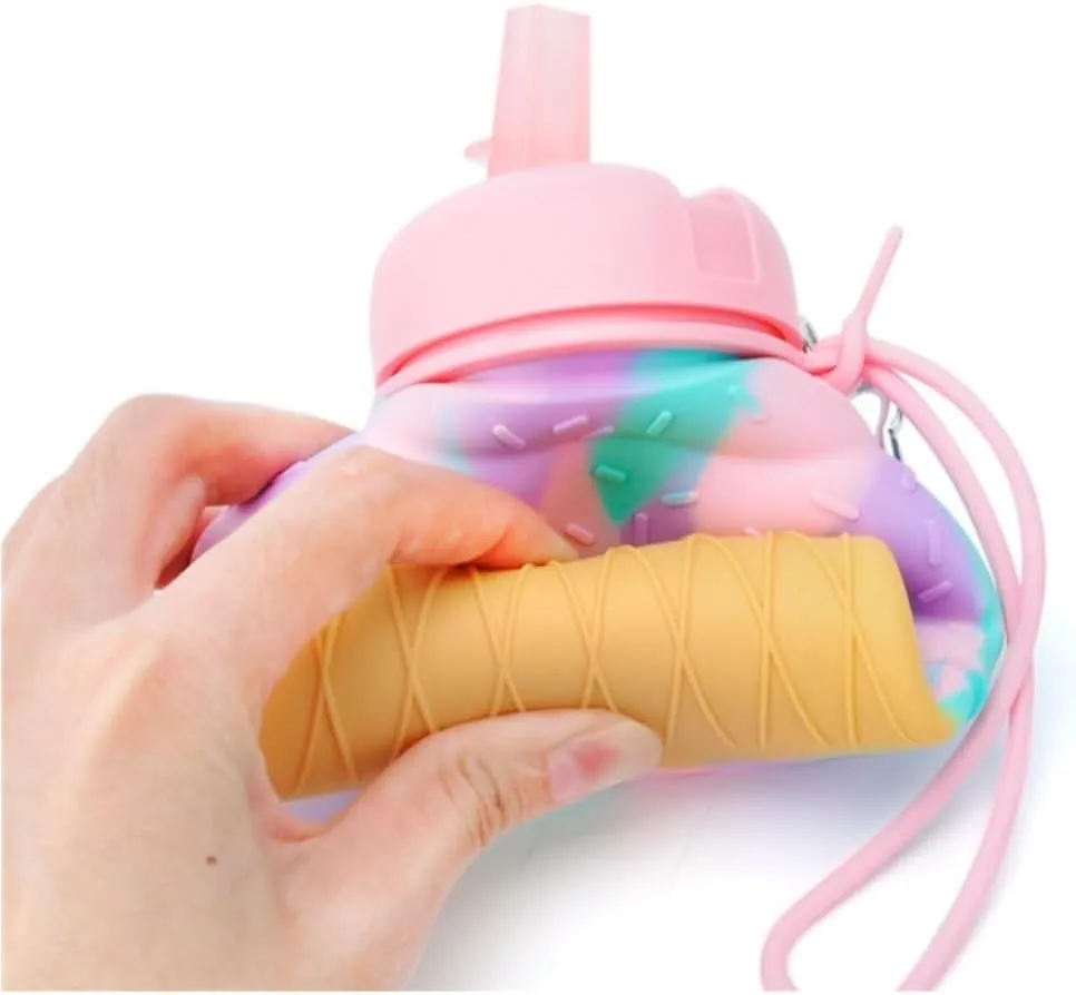Water Bottle Cartoon Kettle Portable Anti-Fall and Leak-Proof Silicone Folding Water Cup Outdoor Sports Cup(Ice Cream Bottle)