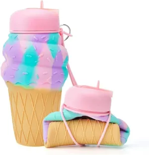 Water Bottle Cartoon Kettle Portable Anti-Fall and Leak-Proof Silicone Folding Water Cup Outdoor Sports Cup(Ice Cream Bottle)