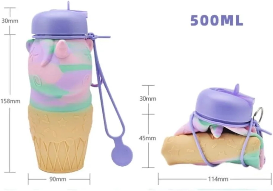 Water Bottle Cartoon Kettle Portable Anti-Fall and Leak-Proof Silicone Folding Water Cup Outdoor Sports Cup(Ice Cream Bottle)