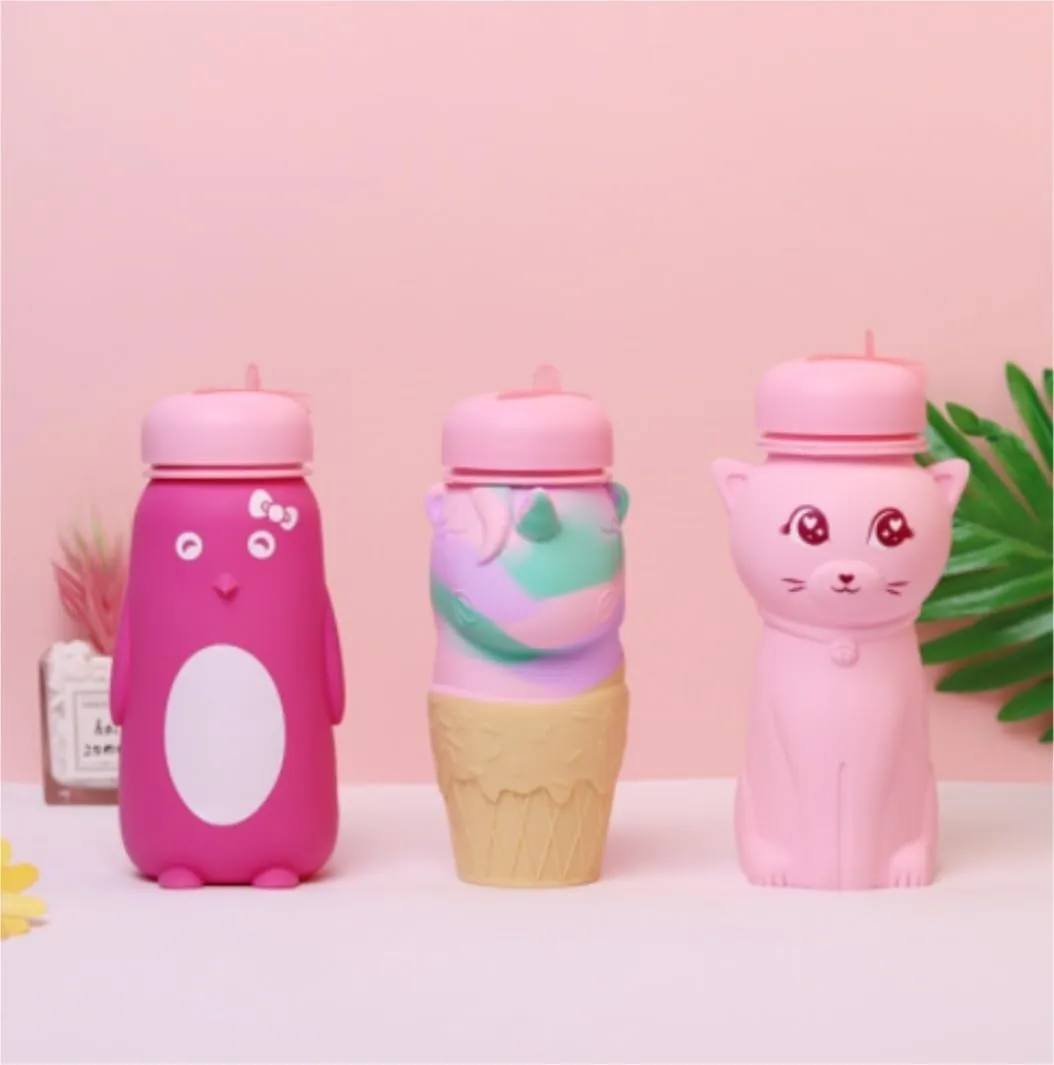 Water Bottle Cartoon Kettle Portable Anti-Fall and Leak-Proof Silicone Folding Water Cup Outdoor Sports Cup(Ice Cream Bottle)