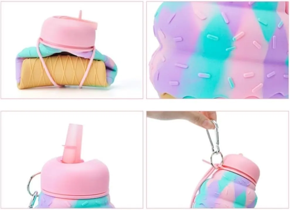 Water Bottle Cartoon Kettle Portable Anti-Fall and Leak-Proof Silicone Folding Water Cup Outdoor Sports Cup(Ice Cream Bottle)