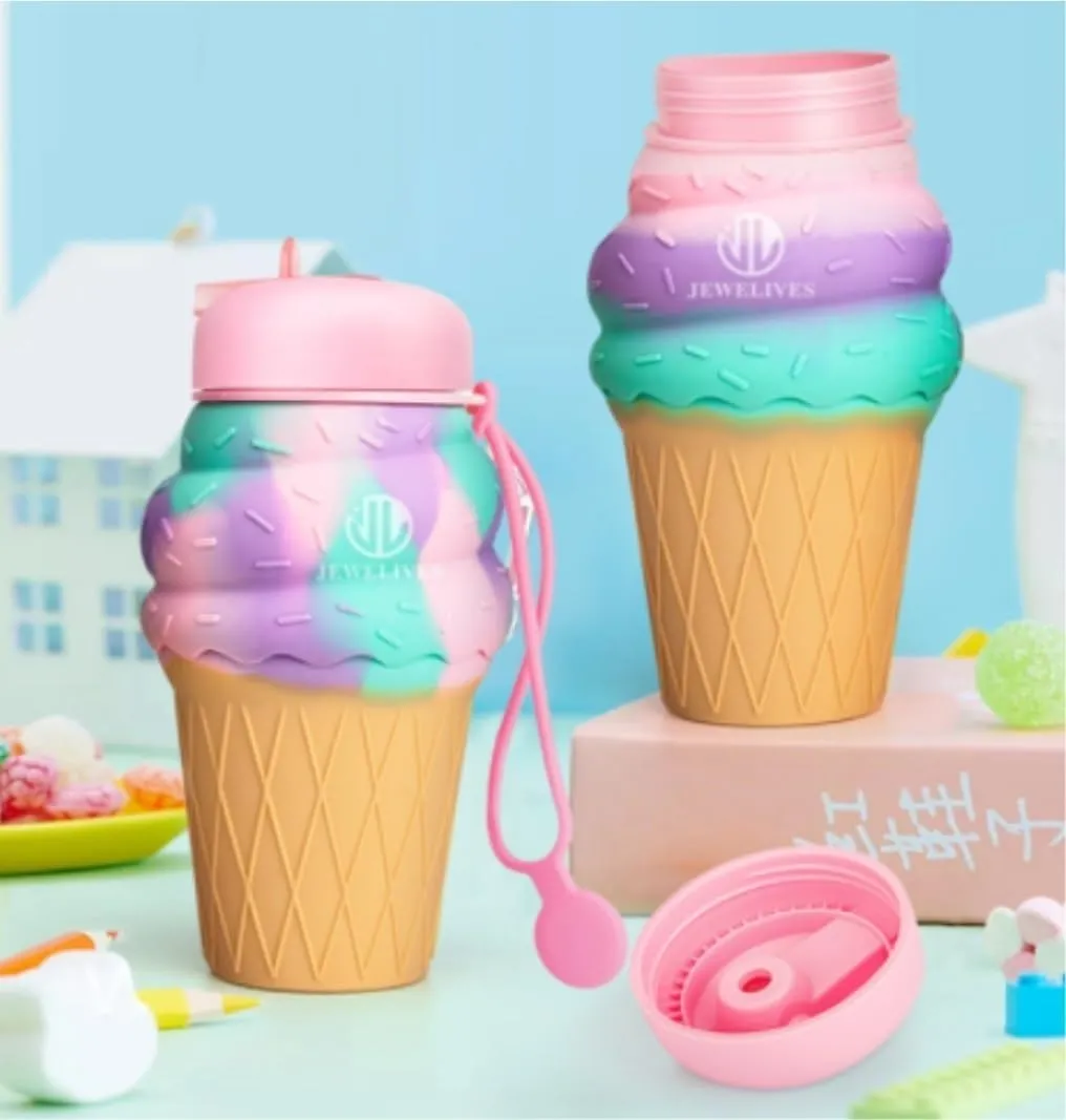 Water Bottle Cartoon Kettle Portable Anti-Fall and Leak-Proof Silicone Folding Water Cup Outdoor Sports Cup(Ice Cream Bottle)