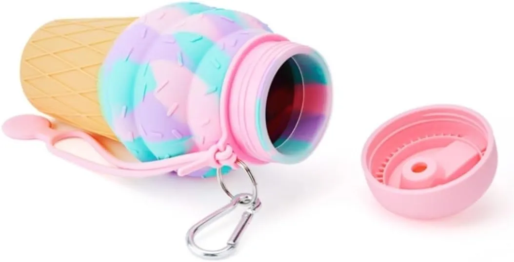 Water Bottle Cartoon Kettle Portable Anti-Fall and Leak-Proof Silicone Folding Water Cup Outdoor Sports Cup(Ice Cream Bottle)