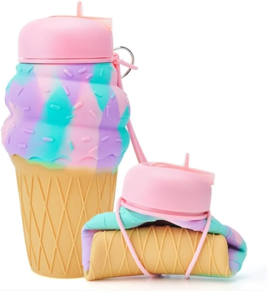 Water Bottle Cartoon Kettle Portable Anti-Fall and Leak-Proof Silicone Folding Water Cup Outdoor Sports Cup(Ice Cream Bottle)