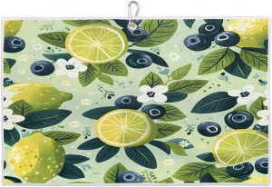 Watercolor Blueberries Lemon Flowers Leaves Golf Towel with Heavy Duty Carabiner Ultra Absorbent Quick Dry Perfect for Cleaning Clubs Balls Gear Essential Golf Accessory for Men Women Kids