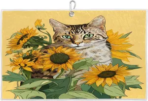 Watercolor Cat Sunflower Golf Towel with Heavy Duty Carabiner Ultra Absorbent Quick Dry Perfect for Cleaning Clubs Balls Gear Essential Golf Accessory for Men Women Kids