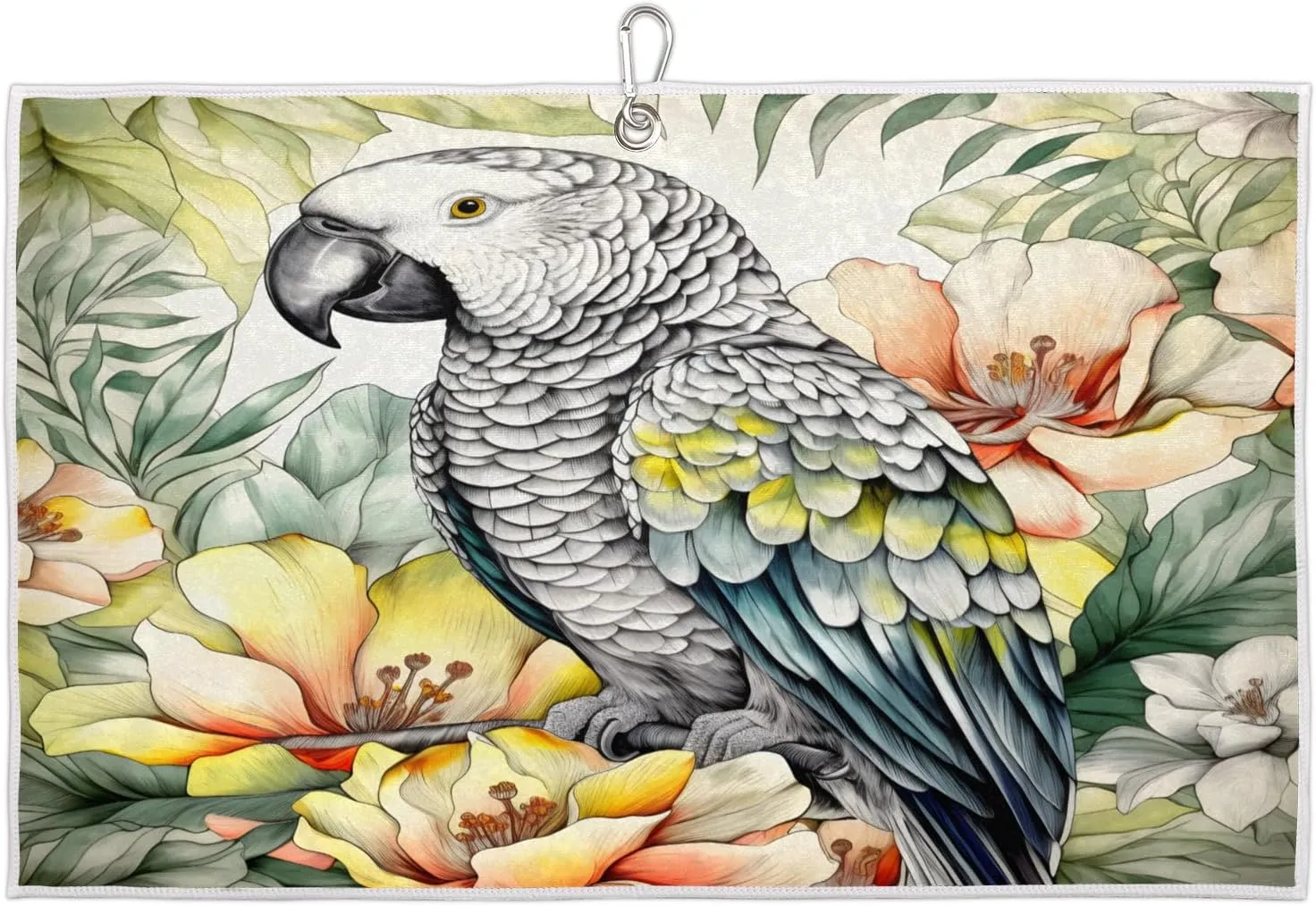 Watercolor Flower Parrot Golf Towel with Heavy Duty Carabiner Clip Quick Dry Ultra Absorbent Club Ball Cleaning Towel Golf Accessories for Men Women