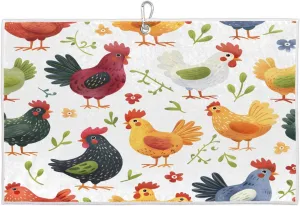 Watercolor Rooster Leaf Golf Towel with Heavy Duty Carabiner Clip Quick Dry Ultra Absorbent Club Ball Cleaning Towel Golf Accessories for Men Women