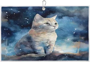 Watercolor Starry Cat Golf Towel with Heavy Duty Carabiner Clip Quick Dry Ultra Absorbent Club Ball Cleaning Towel Golf Accessories for Men Women