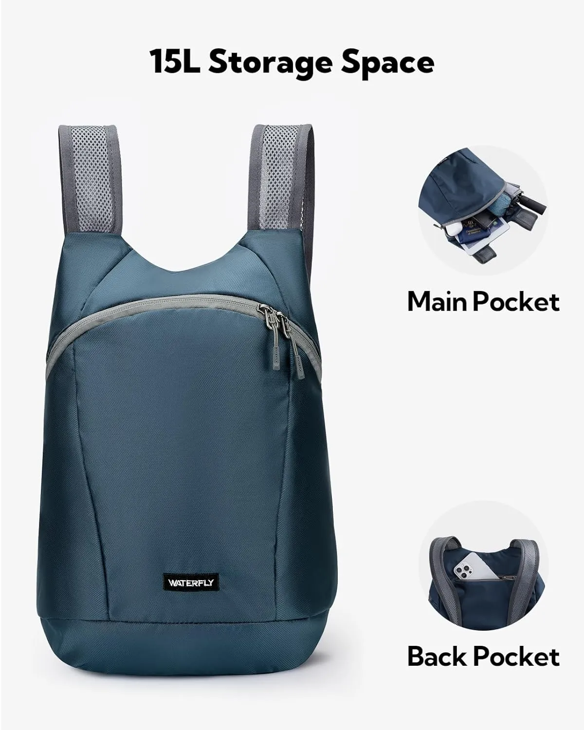 WATERFLY Foldable Lightweight Hiking Backpack: 15L Packable Traveling Daypack Men Women Ultralight Thin Casual Day Pack Bag for Outdoor Sports Camping Beach Park (Navy Blue)
