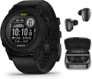 Wearable4U - Garmin Descent G1 Solar Rugged Dive Computer with Solar Charging Capabilities, Multiple Dive Modes, Black with Black Earbuds Bundle