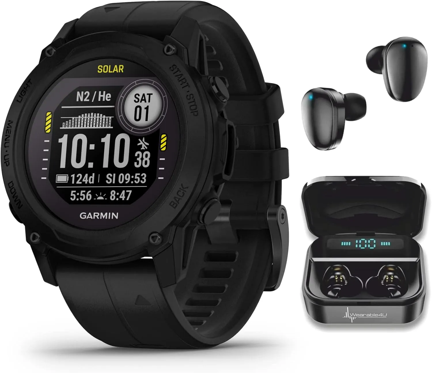 Wearable4U - Garmin Descent G1 Solar Rugged Dive Computer with Solar Charging Capabilities, Multiple Dive Modes, Black with Black Earbuds Bundle