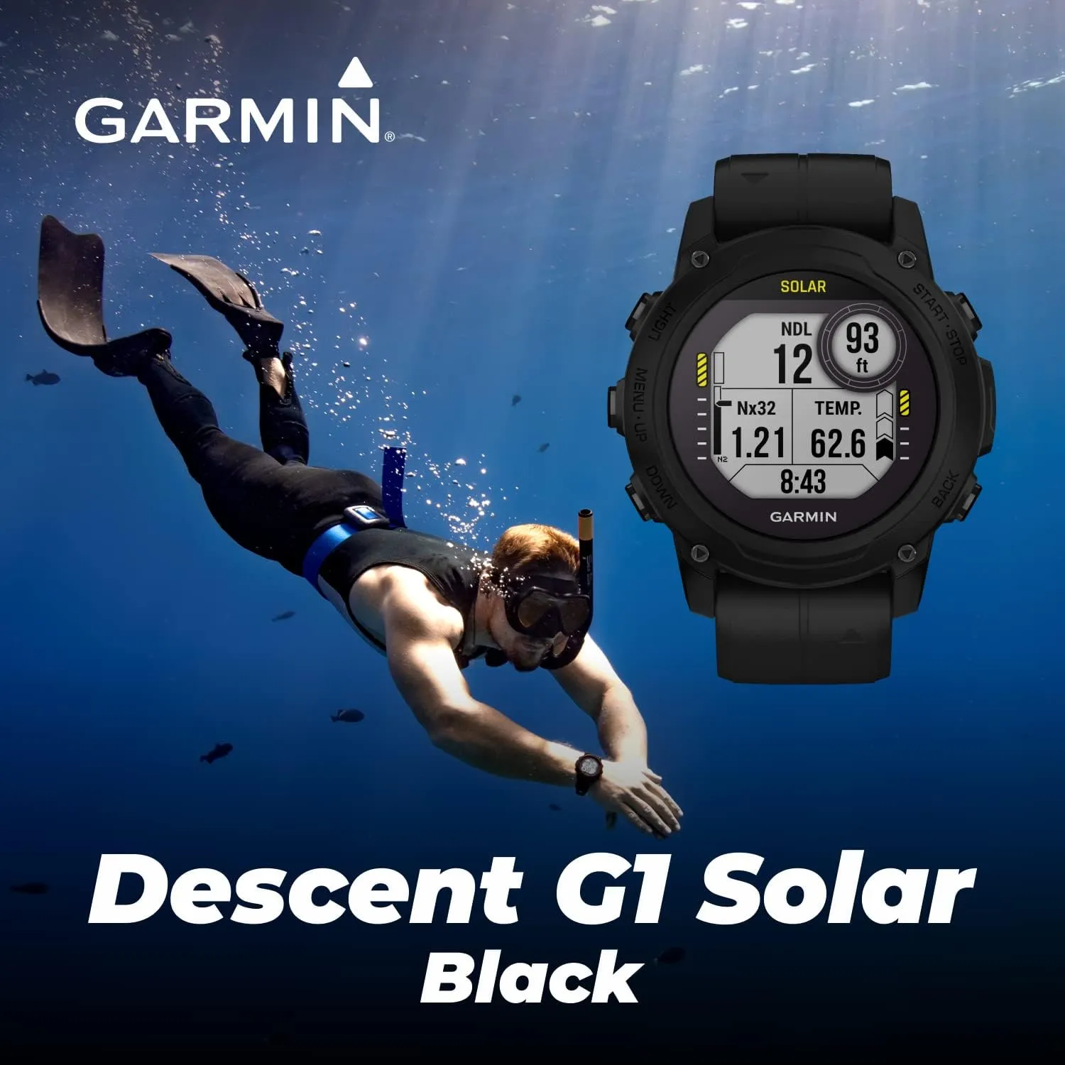 Wearable4U - Garmin Descent G1 Solar Rugged Dive Computer with Solar Charging Capabilities, Multiple Dive Modes, Black with Black Earbuds Bundle