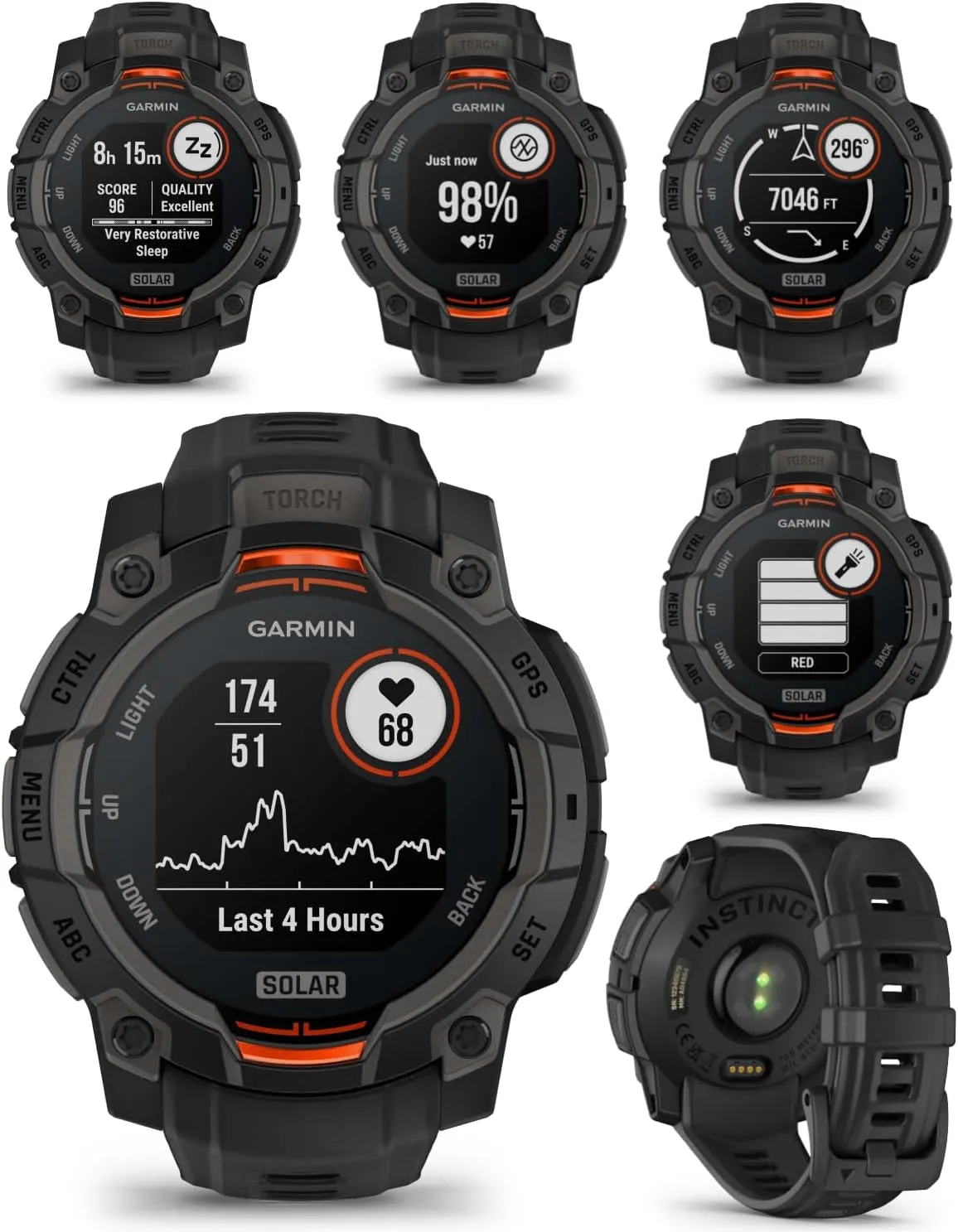 Wearable4U Garmin Instinct 3 Solar 45 mm, Rugged Outdoor GPS Smartwatch, Metal-Reinforced Bezel, Built-in Flashlight, Up to 28 Days of Battery Life, Black with Black Band Bundle