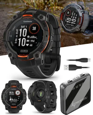 Wearable4U Garmin Instinct 3 Solar 45 mm, Rugged Outdoor GPS Smartwatch, Metal-Reinforced Bezel, Built-in Flashlight, Up to 28 Days of Battery Life, Black with Black Band Bundle