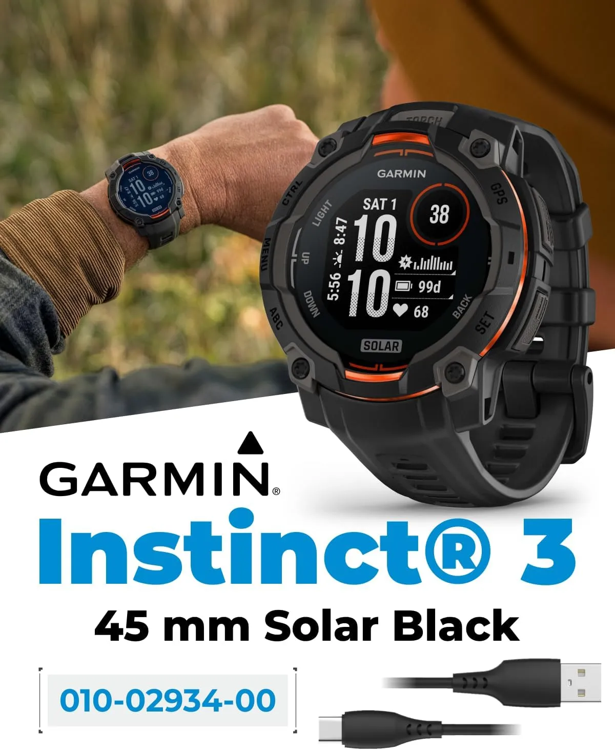 Wearable4U Garmin Instinct 3 Solar 45 mm, Rugged Outdoor GPS Smartwatch, Metal-Reinforced Bezel, Built-in Flashlight, Up to 28 Days of Battery Life, Black with Black Band Bundle