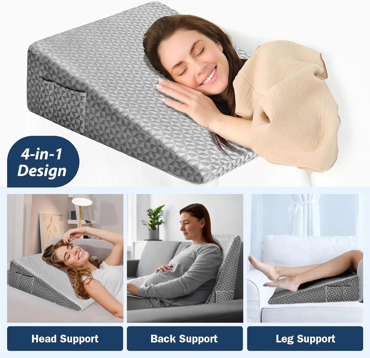 Wedge Pillow 7.5" Bed Wedge After Surgery, Back Pain Relief, Memory Foam Pillow Triangle Incline Wedge for Back Support, Leg Elevation（Grey）