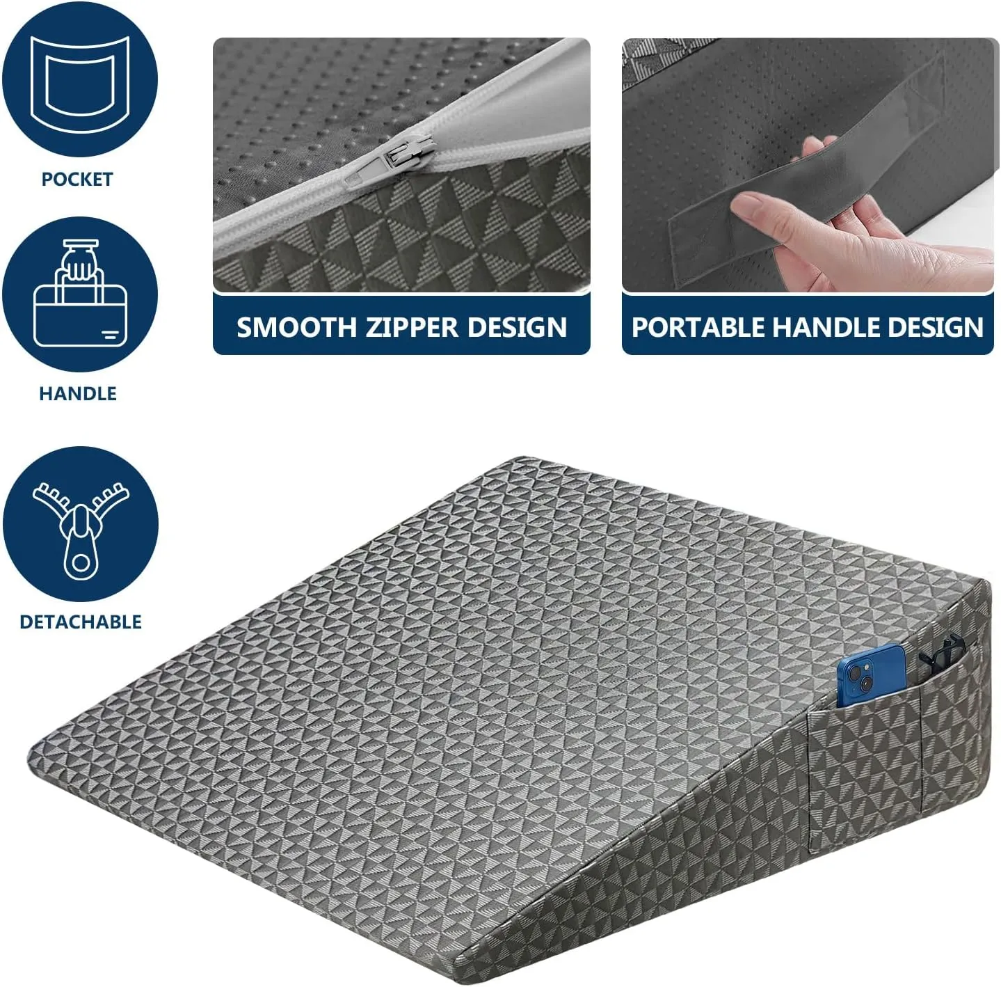 Wedge Pillow 7.5" Bed Wedge After Surgery, Back Pain Relief, Memory Foam Pillow Triangle Incline Wedge for Back Support, Leg Elevation（Grey）