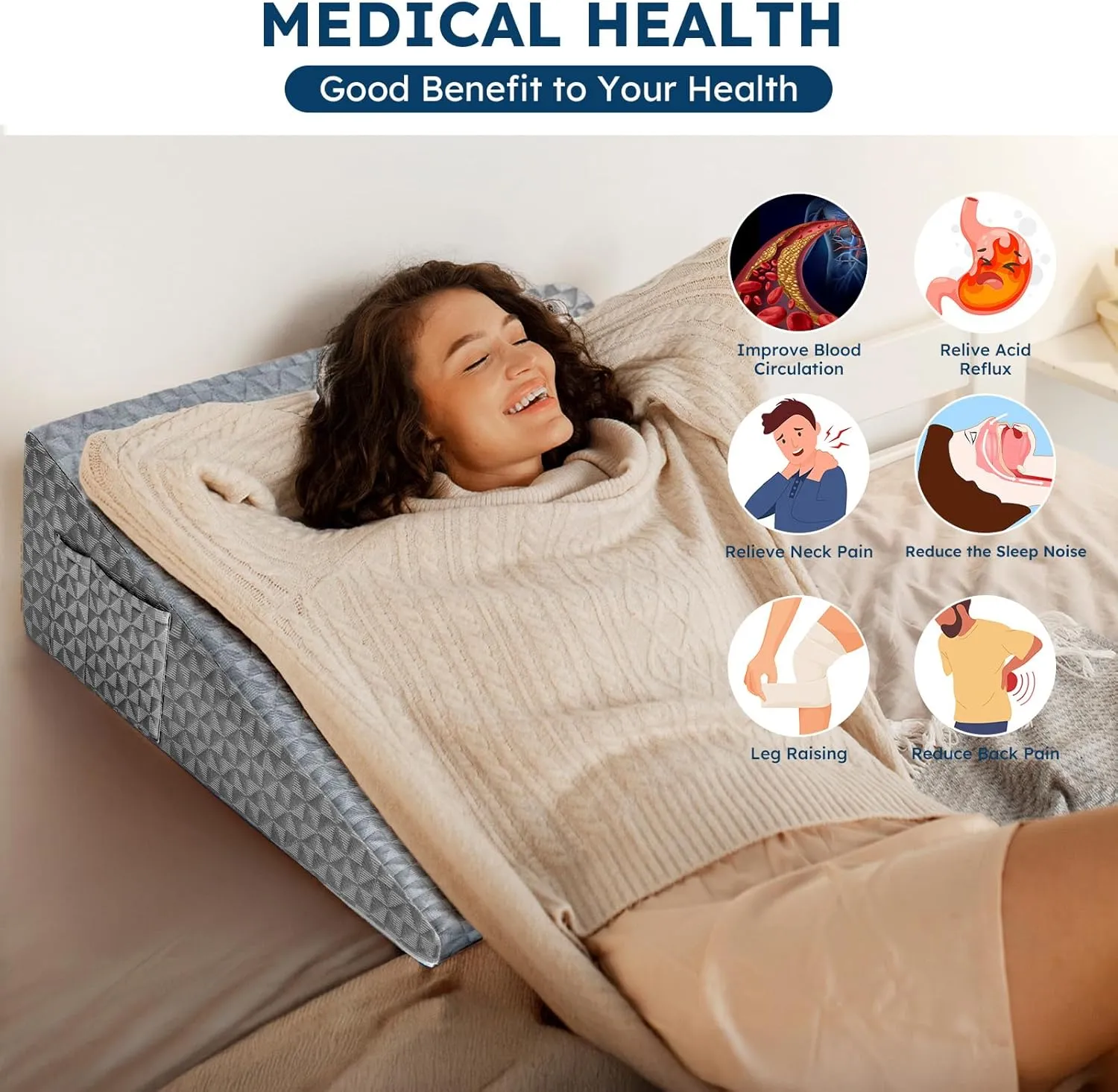 Wedge Pillow 7.5" Bed Wedge After Surgery, Back Pain Relief, Memory Foam Pillow Triangle Incline Wedge for Back Support, Leg Elevation（Grey）