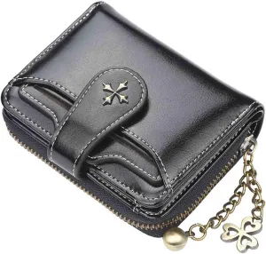 Women's retro wallet small wallet Y2K credit card bag zipper double fold wallet mini leather aesthetic wallet y2k wallet (Black)