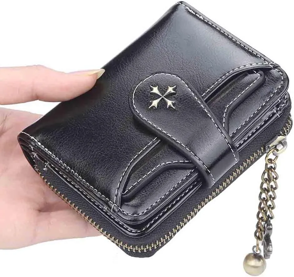 Women's retro wallet small wallet Y2K credit card bag zipper double fold wallet mini leather aesthetic wallet y2k wallet (Black)