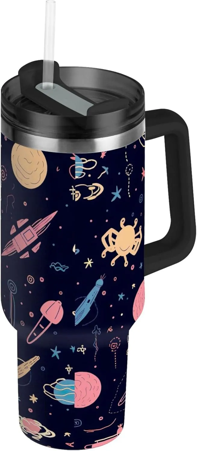 xigua 30 oz Cartoon Planet Tumbler with Handle and Straw Lid, Stainless Steel Vacuum Insulated Sports Water Bottle, Keeps Cold or Hot Coffee Cup Travel Mug