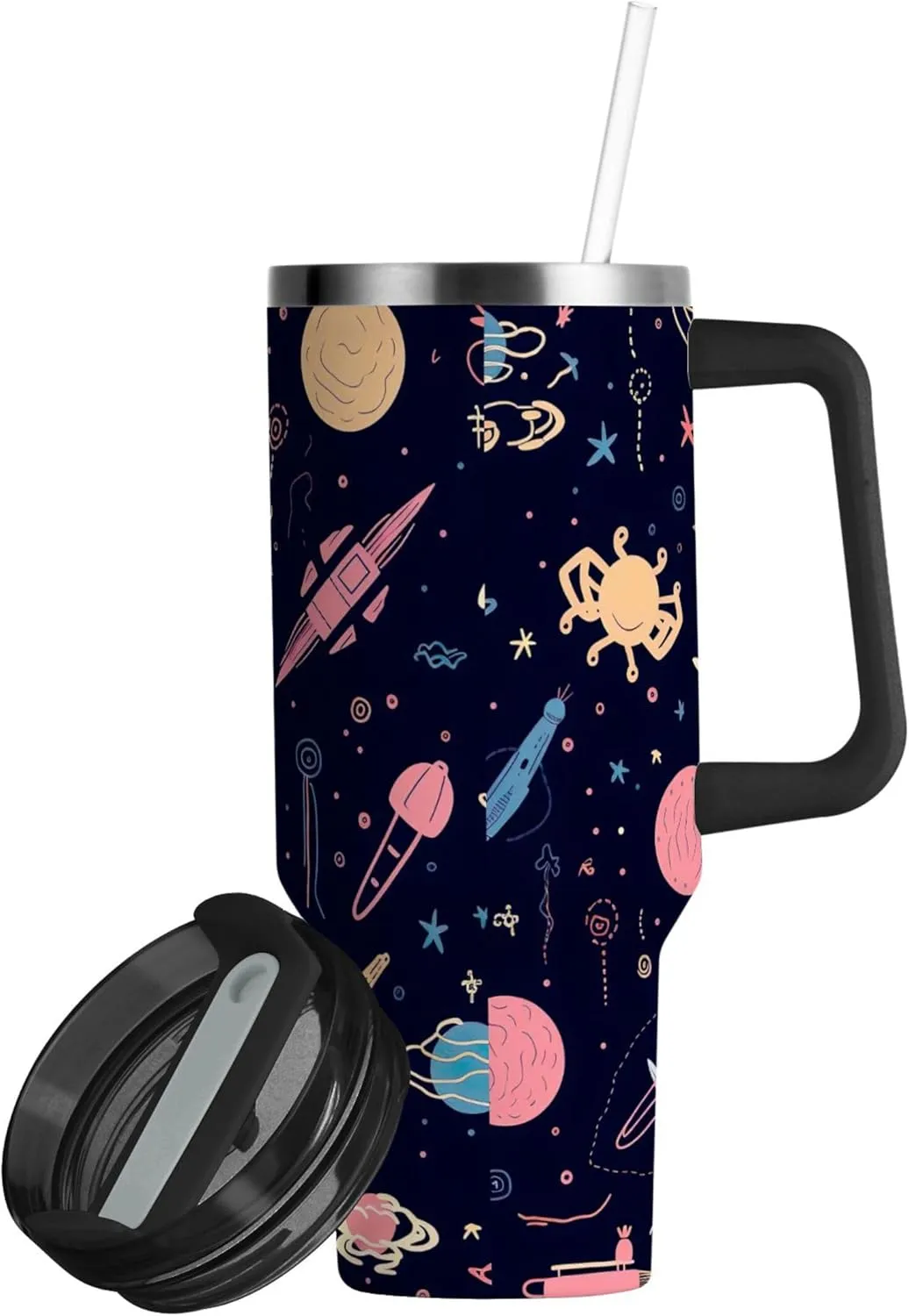xigua 30 oz Cartoon Planet Tumbler with Handle and Straw Lid, Stainless Steel Vacuum Insulated Sports Water Bottle, Keeps Cold or Hot Coffee Cup Travel Mug
