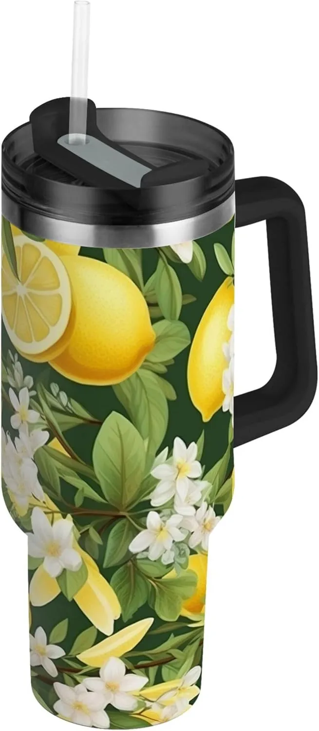 xigua 30 oz Fresh Lemon Pattern Tumbler with Handle and Straw Lid, Stainless Steel Vacuum Insulated Sports Water Bottle, Keeps Cold or Hot Coffee Cup Travel Mug