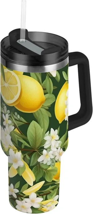 xigua 30 oz Fresh Lemon Pattern Tumbler with Handle and Straw Lid, Stainless Steel Vacuum Insulated Sports Water Bottle, Keeps Cold or Hot Coffee Cup Travel Mug