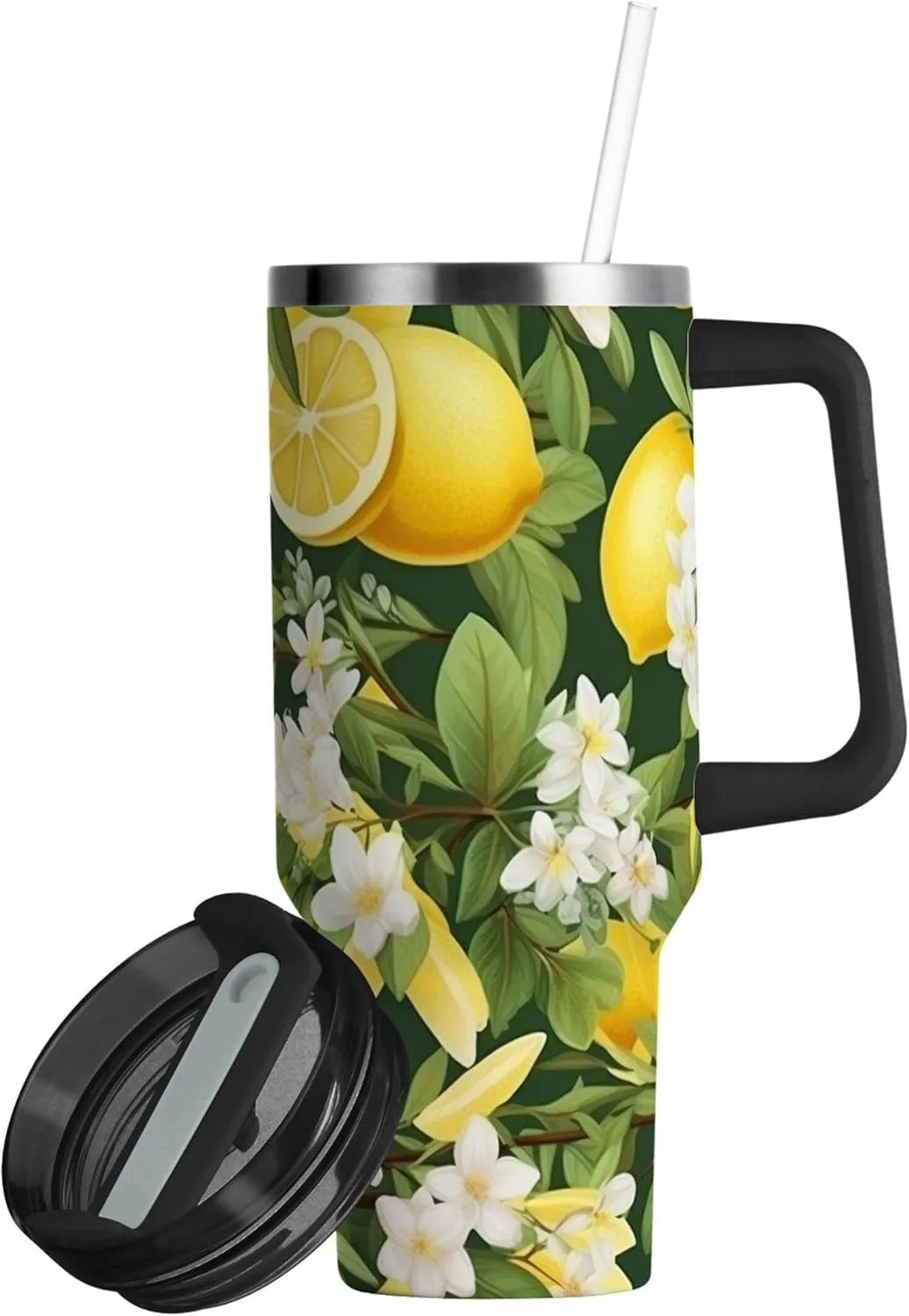 xigua 30 oz Fresh Lemon Pattern Tumbler with Handle and Straw Lid, Stainless Steel Vacuum Insulated Sports Water Bottle, Keeps Cold or Hot Coffee Cup Travel Mug