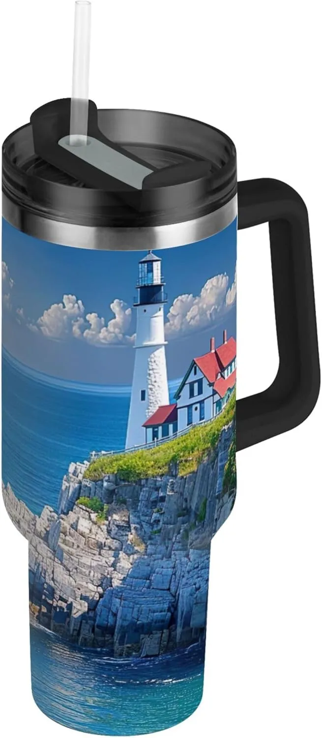 xigua 30 oz Lighthouse Tumbler with Handle and Straw Lid, Stainless Steel Vacuum Insulated Sports Water Bottle, Keeps Cold or Hot Coffee Cup Travel Mug