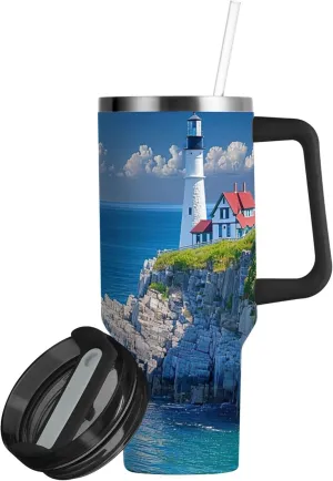 xigua 30 oz Lighthouse Tumbler with Handle and Straw Lid, Stainless Steel Vacuum Insulated Sports Water Bottle, Keeps Cold or Hot Coffee Cup Travel Mug