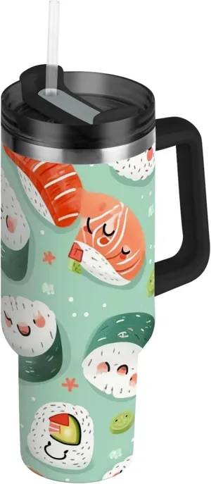 xigua 30 oz Sushi Tumbler with Handle and Straw Lid, Stainless Steel Vacuum Insulated Sports Water Bottle, Keeps Cold or Hot Coffee Cup Travel Mug