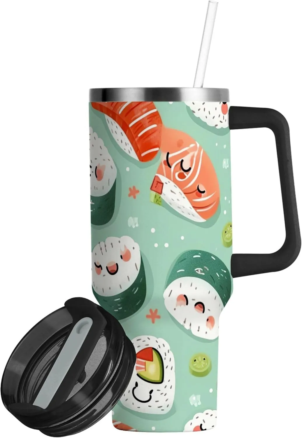 xigua 30 oz Sushi Tumbler with Handle and Straw Lid, Stainless Steel Vacuum Insulated Sports Water Bottle, Keeps Cold or Hot Coffee Cup Travel Mug