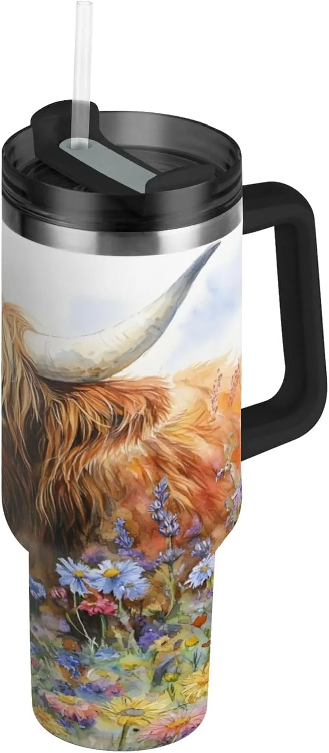 xigua 30 oz Watercolor Highland Cow Tumbler with Handle and Straw Lid, Stainless Steel Vacuum Insulated Sports Water Bottle, Keeps Cold or Hot Coffee Cup Travel Mug