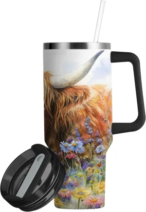 xigua 30 oz Watercolor Highland Cow Tumbler with Handle and Straw Lid, Stainless Steel Vacuum Insulated Sports Water Bottle, Keeps Cold or Hot Coffee Cup Travel Mug