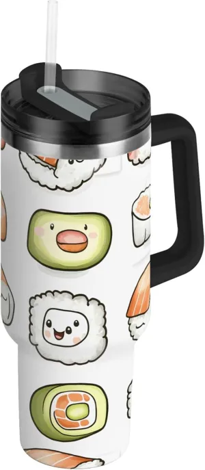 xigua 40 oz Cute Cartoon Sushi Tumbler with Handle and Straw Lid, Stainless Steel Vacuum Insulated Sports Water Bottle, Keeps Cold or Hot Coffee Cup Travel Mug