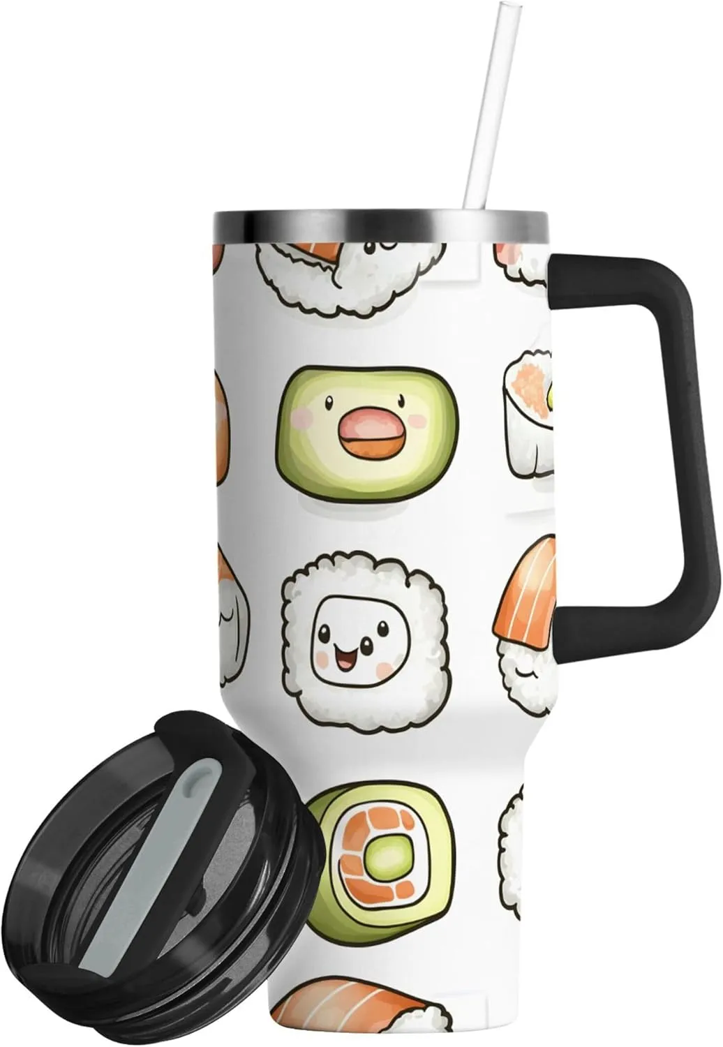 xigua 40 oz Cute Cartoon Sushi Tumbler with Handle and Straw Lid, Stainless Steel Vacuum Insulated Sports Water Bottle, Keeps Cold or Hot Coffee Cup Travel Mug