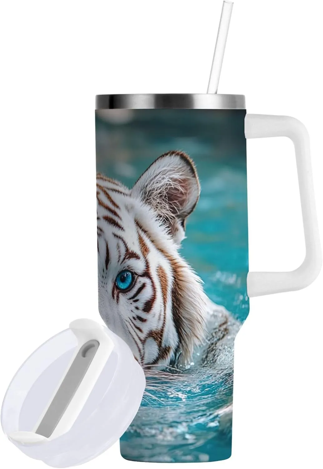 xigua 40 oz White Tiger Tumbler with Handle and Straw Lid, Stainless Steel Vacuum Insulated Sports Water Bottle, Keeps Cold or Hot Coffee Cup Travel Mug