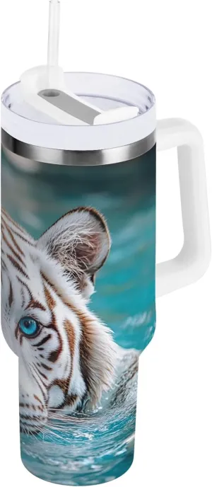 xigua 40 oz White Tiger Tumbler with Handle and Straw Lid, Stainless Steel Vacuum Insulated Sports Water Bottle, Keeps Cold or Hot Coffee Cup Travel Mug