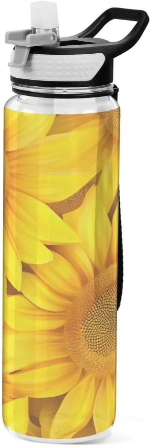 Yellow Sunflower Water Bottle BPA-Free 32oz Tritan Clear Plastic Water Bottle with Straw Lid LeakProof Reusable Travel Cup for Sports Gym School