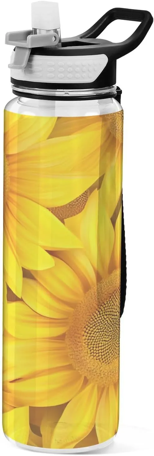 Yellow Sunflower Water Bottle BPA-Free 32oz Tritan Clear Plastic Water Bottle with Straw Lid LeakProof Reusable Travel Cup for Sports Gym School