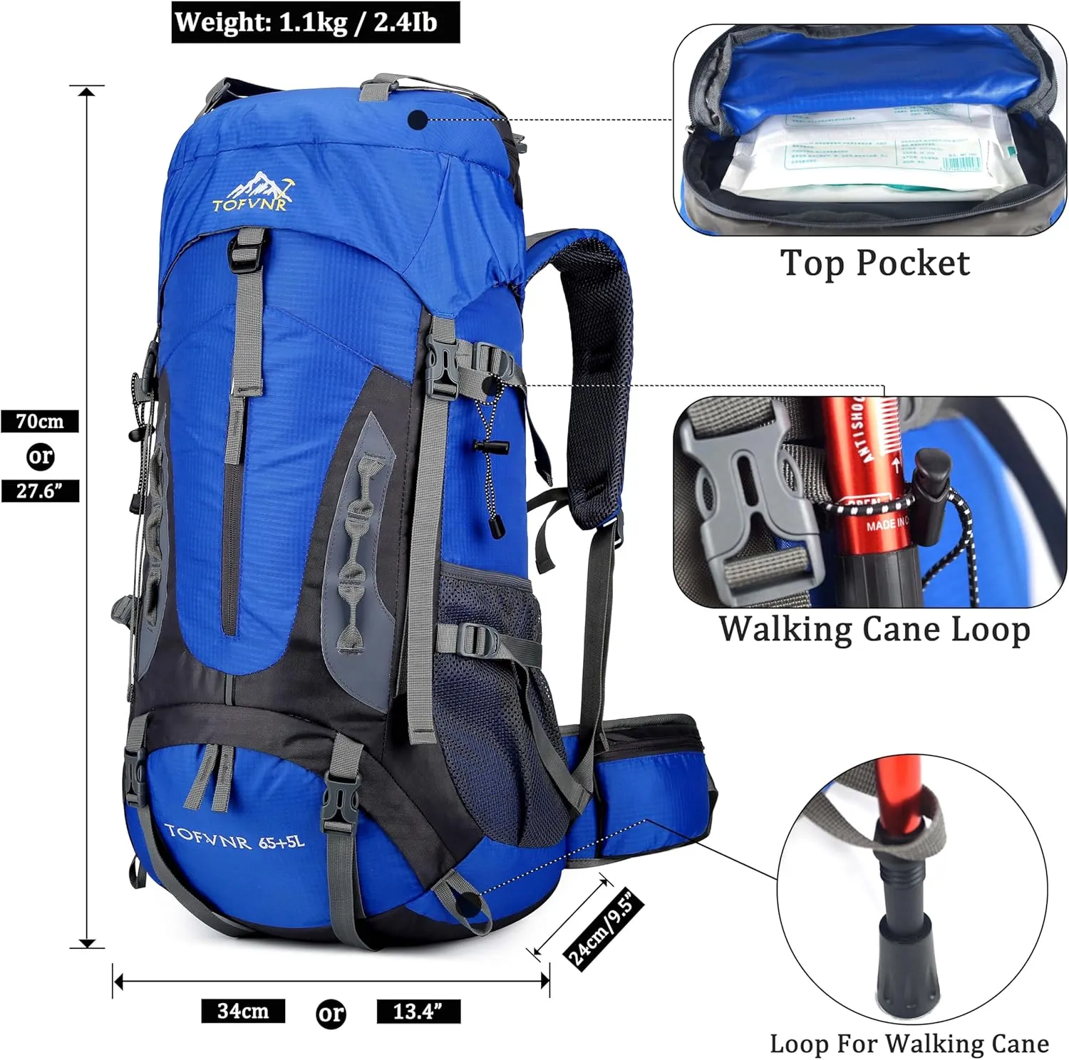 YFREAL 60L Travel Hiking Camping Backpack with Rain Cover and 2 Carebiners,Backpack Water Resistant,Climbing Backpack for Men Women (BLUE)