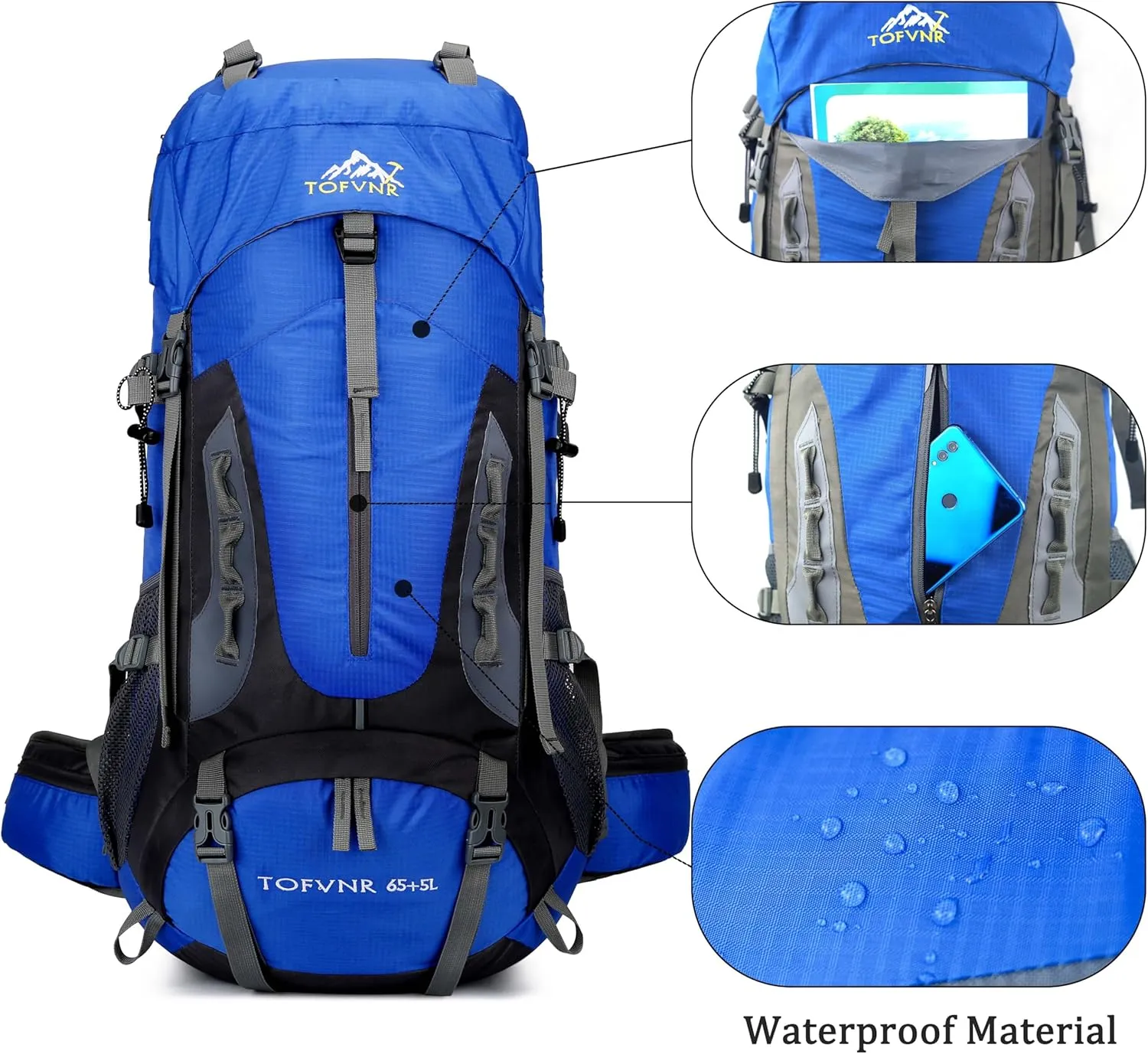 YFREAL 60L Travel Hiking Camping Backpack with Rain Cover and 2 Carebiners,Backpack Water Resistant,Climbing Backpack for Men Women (BLUE)