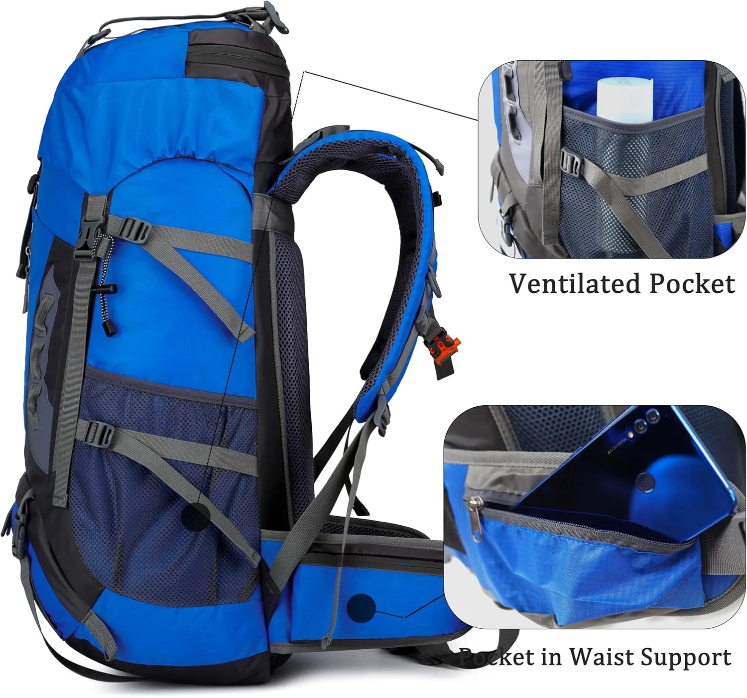 YFREAL 60L Travel Hiking Camping Backpack with Rain Cover and 2 Carebiners,Backpack Water Resistant,Climbing Backpack for Men Women (BLUE)