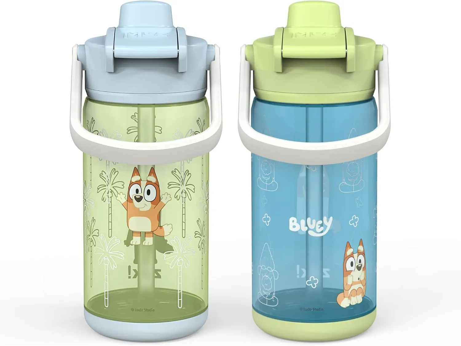 Zak Designs Bluey Kid Water Bottle 2-Pack Set for Travel or At Home, 16oz Plastic is Durable and Leak-Proof with Silicone Spout, Cover, Carry Handle, Protective Base (Bluey and Bingo)
