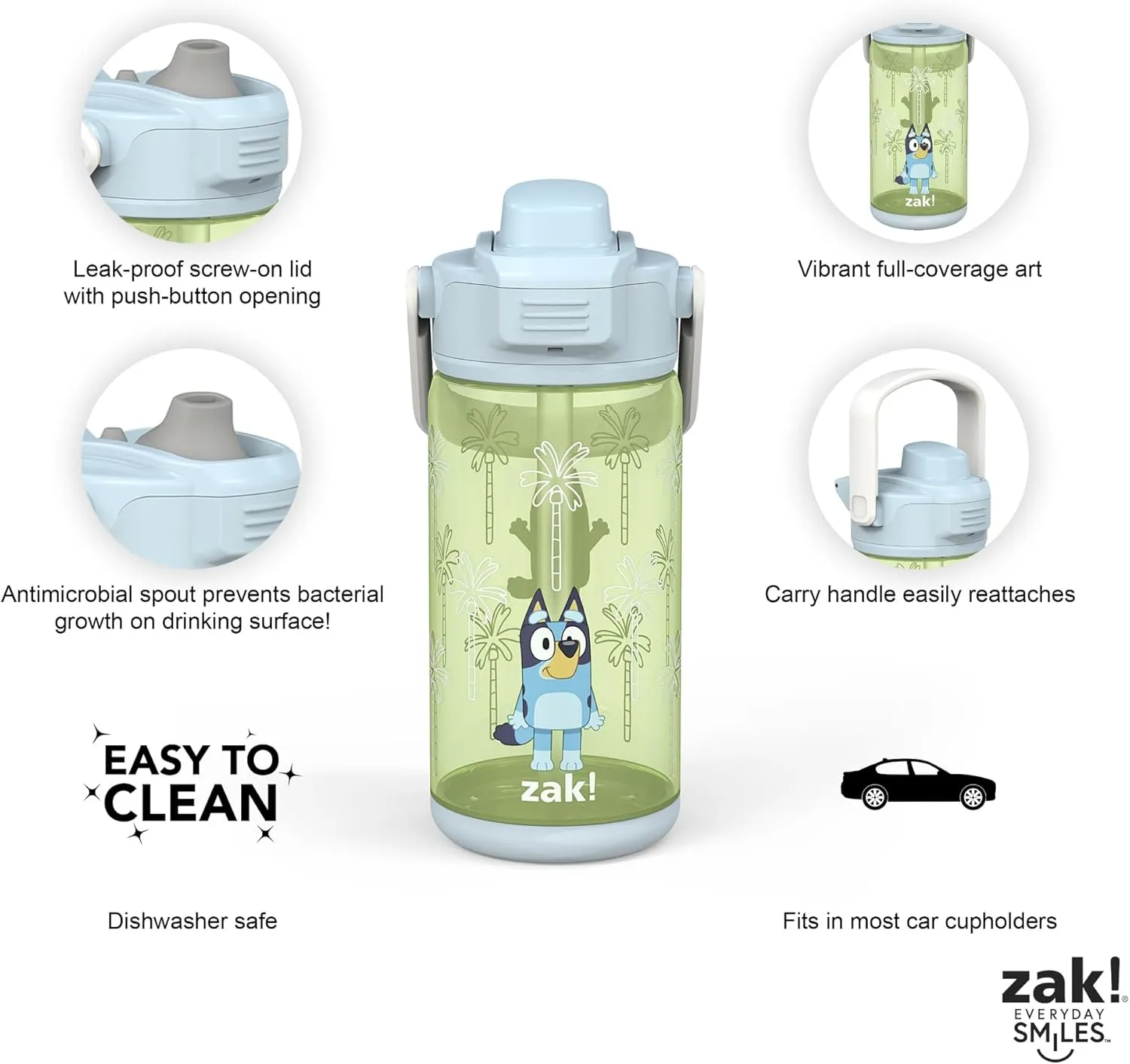 Zak Designs Bluey Kid Water Bottle 2-Pack Set for Travel or At Home, 16oz Plastic is Durable and Leak-Proof with Silicone Spout, Cover, Carry Handle, Protective Base (Bluey and Bingo)