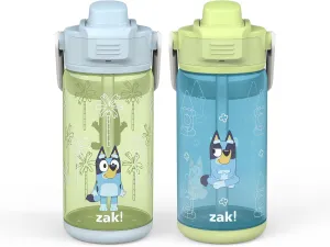 Zak Designs Bluey Kid Water Bottle 2-Pack Set for Travel or At Home, 16oz Plastic is Durable and Leak-Proof with Silicone Spout, Cover, Carry Handle, Protective Base (Bluey and Bingo)