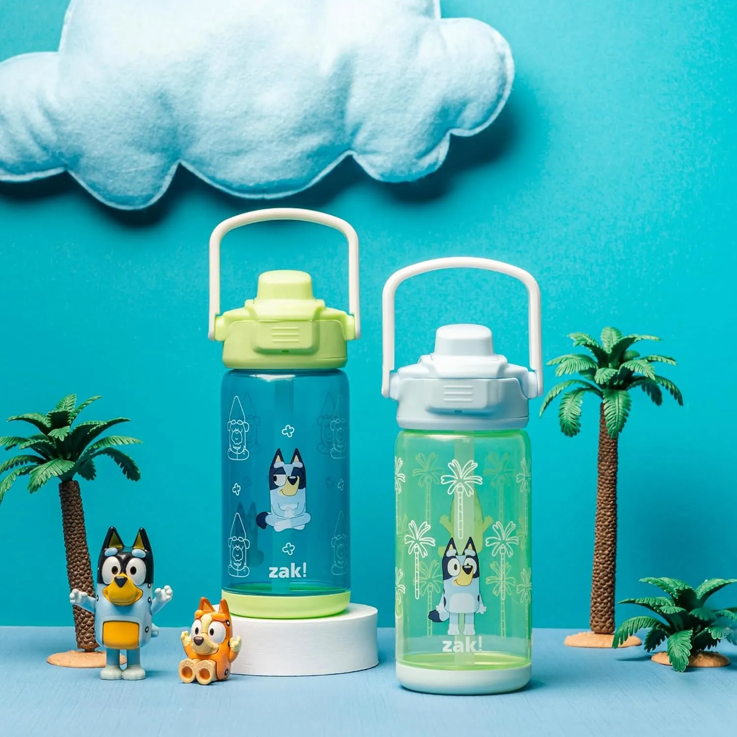 Zak Designs Bluey Kid Water Bottle 2-Pack Set for Travel or At Home, 16oz Plastic is Durable and Leak-Proof with Silicone Spout, Cover, Carry Handle, Protective Base (Bluey and Bingo)
